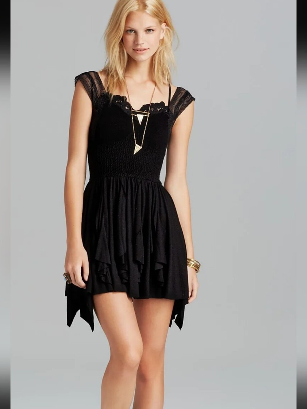 Free People Black Lace Cap-Sleeve Smocked Mini Dress
